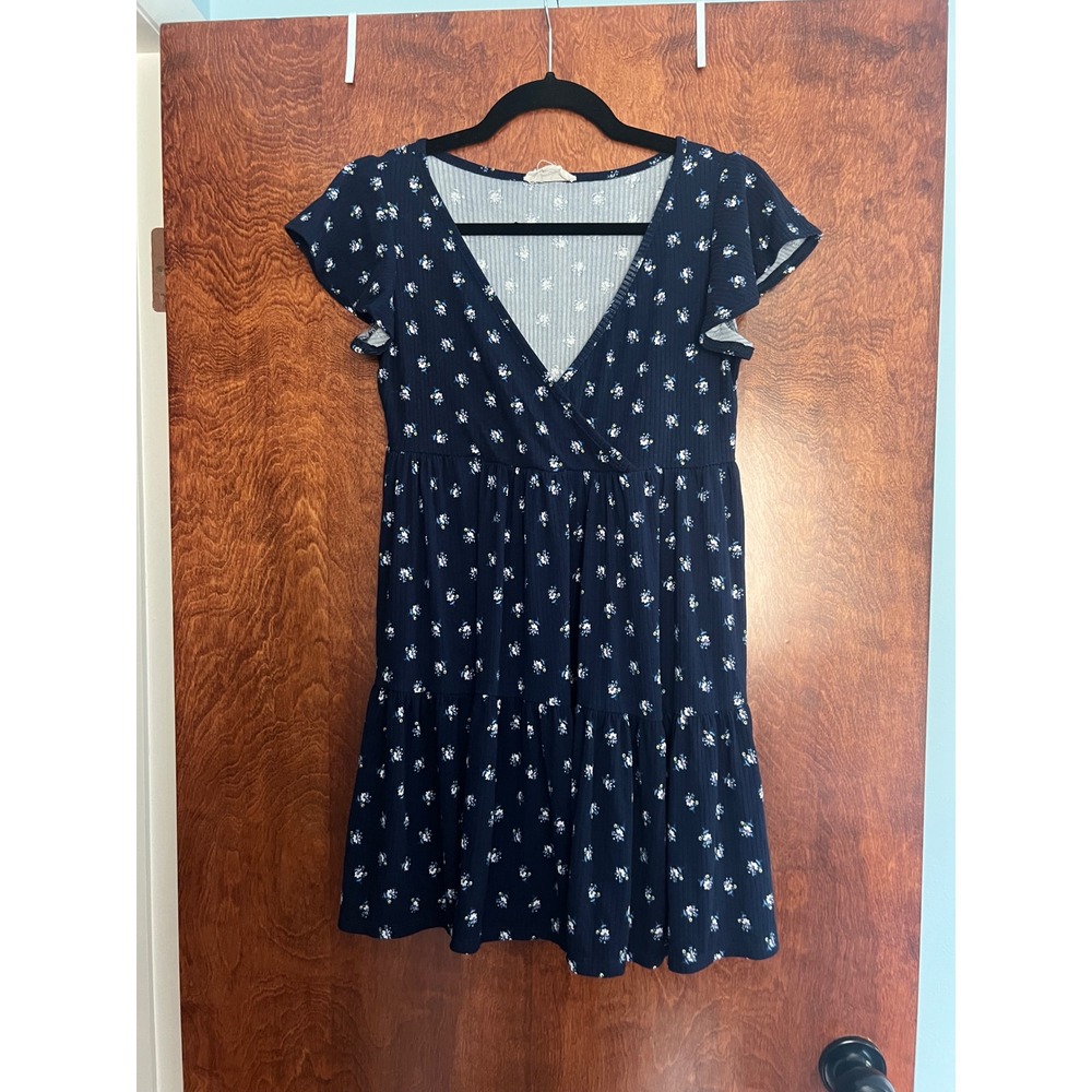 Jessica Simpson Babydoll Dress Womens M Navy Blue Floral Flutter Sleeve